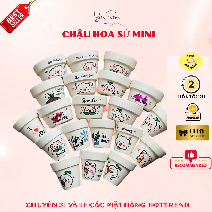 Combo 5 Chậu Đất Nung Mini Vẽ Tay Dùng Trồng Sen Đá,Xương Rồng, Làm Hoa Kẽm Nhung- YÊN STORE DIY